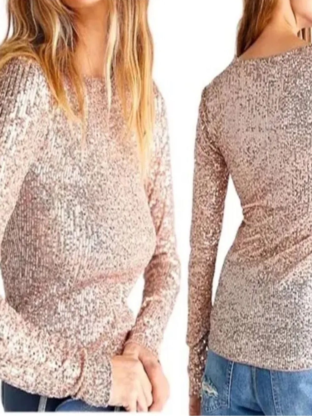 Free People Rose Gold Sequin Long Sleeve Top